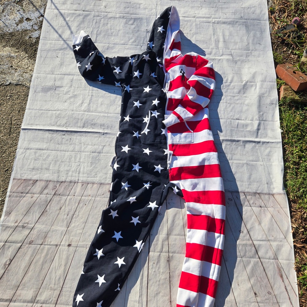 Onezip Wear American Flag Jumpsuit Mens XL Stars Stripes Hooded Fleece Romper